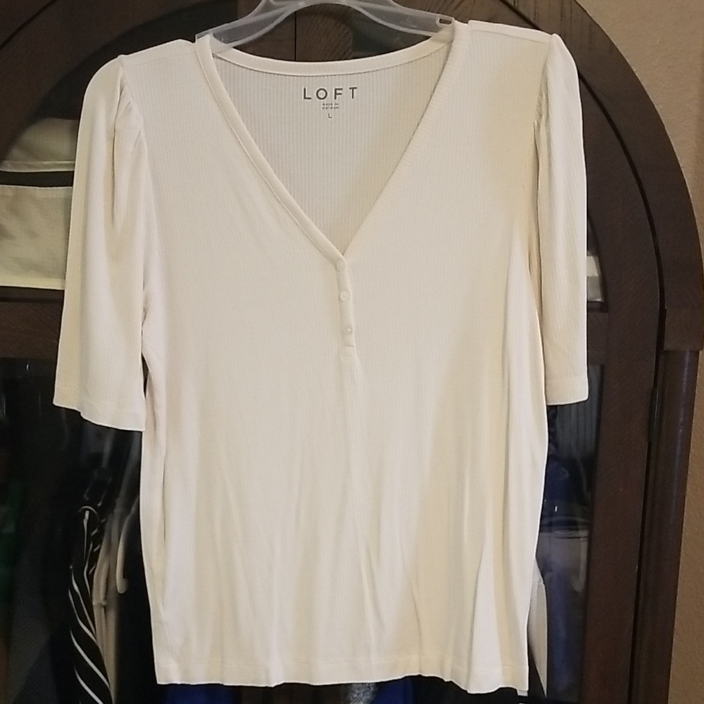 LOFT Women's White Buttoned V-Neck Blouse